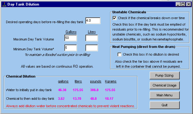 Determines day tank dilution ratios based on change-out frequency