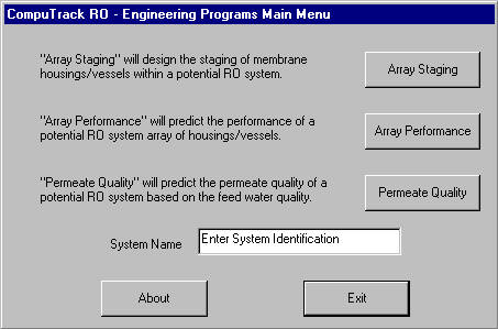 The 3 RO design programs are accessed from the main menu.
