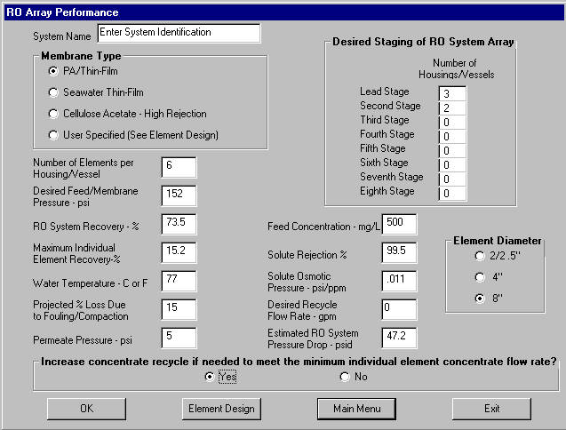 Operating variables can be modified for a given RO array to determine their effect on performance.