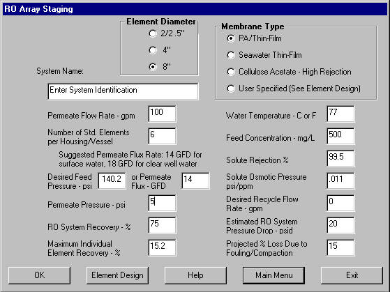 Design variables are entered upon which the staging of potential RO arrays are based.